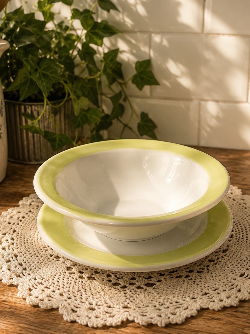 Vintage PYREX – White and Lime Green Plate & Bowl